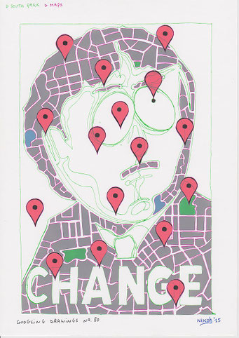 Google tekeningen — Google Drawings — Google tekening 80 — kaartpatroon dat een gezicht vormt met locatiemarkers en het woord “Change”.