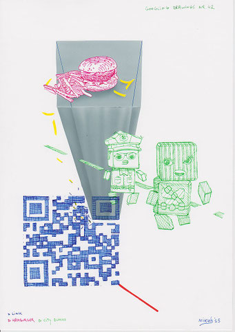 Google tekeningen — Google Drawings — Google tekening 42 — hamburger boven een QR-code en twee blokachtige figuren die eruit lijken te stappen.
