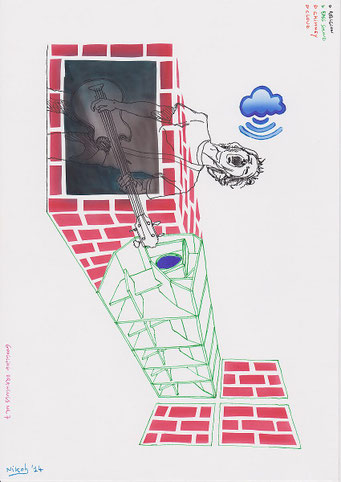 Google tekeningen — Google Drawings — Google tekening 7 — gebouw met rode bakstenen en een raam met een muzikant met contrabas; een schreeuwend hoofd en een blauwe wolk met geluidsgolven.