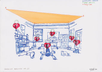 Google tekeningen — Google Drawings — Google tekening 23 — interieur met meerdere lichamen op de grond; rode hartvormige hangsloten zweven in de kamer.