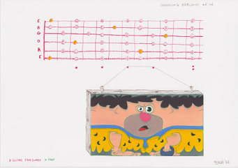 Google tekeningen — Google Drawings — Google tekening 46 — diagram van een gitaarfretboard boven een doos met een cartoonfiguur.