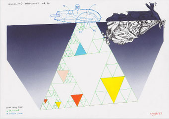 Google tekeningen — Google Drawings — Google tekening 50 — piramide van driehoeken verlicht door een straal uit een machine met een vliegende figuur.