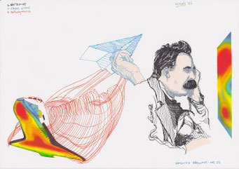 Google tekeningen — Google Drawings — Google tekening 37 — portret van Nietzsche naast een hand die een papieren vliegtuig werpt boven een aerodynamische visualisatie.