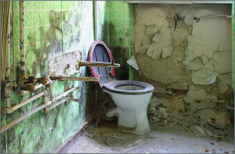 Hygiene ist das Gebot der Stunde! Das Waschbecken ist weg, aber Hauptsache der Klostein duftet und die Puschelhaube sitzt!
