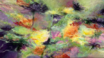 "Blütentanz", 2025, 60x120, Mischtechnik mit Pigmenten auf Leinwand