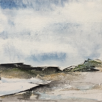 "Norden", 2022, 20x20, Lebensmittelfarbe, Sand, Tusche auf Malkarton