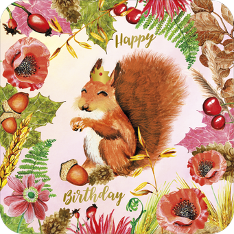 Happy Birthday Postcard illustrated by Le Poussin Rose des Bois - squirrel