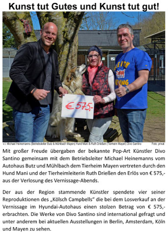 Künstler Divo Santino bei der Scheckübergabe von 575 Euro an Ruth Drießen vom Tierheim Mayen