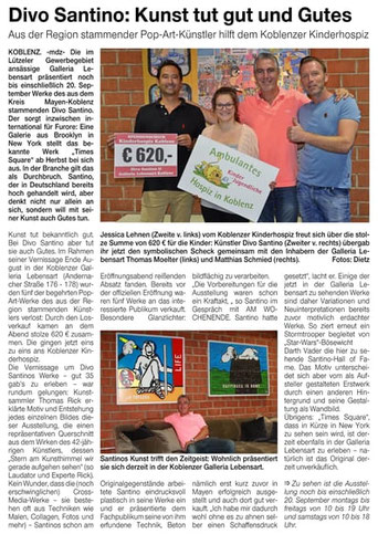 Künstler Divo Santino bei der Scheckübergabe von 620 Euro an das ambulante Kinderhospiz Koblenz