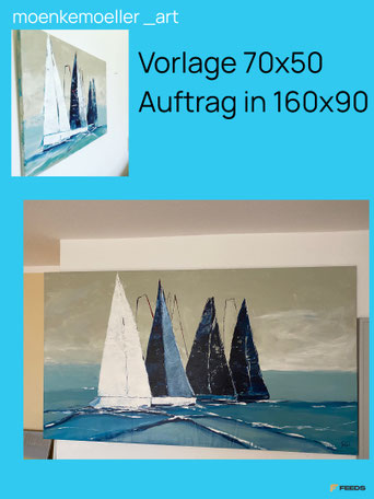 Segeln Segelregatta, Segelyachten. Blaugraues Meer, weißgrauer Himmel und die Segelboote in dunkelblau.