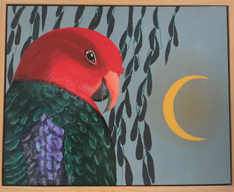 "King Parrot Portrait" 55cm x 45cm Acrylic on canvas, pinewood frame $300 (excluding freight)