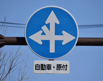 異形矢印標識(指定方向外進行禁止)。長野県岡谷市にある。