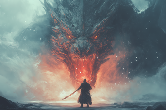 Bild eines Helden, der einem gewaltigen, übermächtigen Drachen gegenübersteht. Der Drache nimmt beinahe das ganze Bild ein, hat bedrohliche funkelnde Augen und reißt das Maul weit auf.