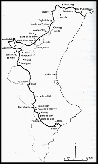 Mapa del Reino de Valencia en la época de Jaime I Rey de Aragón
