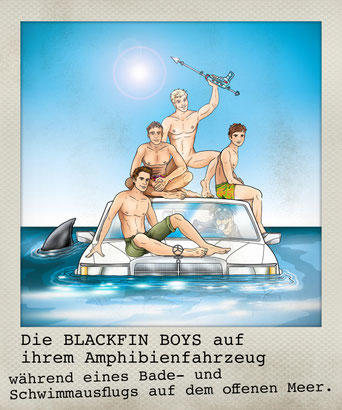 Die Blackfin Boys auf ihrem Amphibienfahrzeug während eines Bade- und Schwimmausflugs auf dem offenen Meer. Action für Jungs & Lesemuffel!