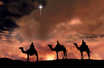 Les Rois mages suivent l'étoile qui annonce la naissance de Jésus.