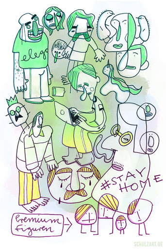 gezeichnete Kreaturen und Figuren in grün, wie ein Mann am Laptop, ein König und ein Einhorn im Homeoffice, gezeichnet und digital koloriert von Frank Schulz
