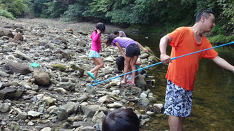 大人も子供も網を使って魚取りに夢中です！