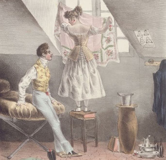 Antique coloured print of young woman Grisette stood by a window next to a young man