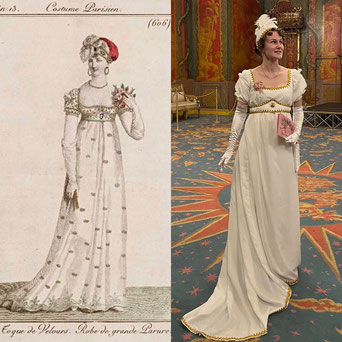Gegenüberstellung Costume Parisien Modekupfer und Foto von nachgeschneidertem Gewand, Epochs of Fashion