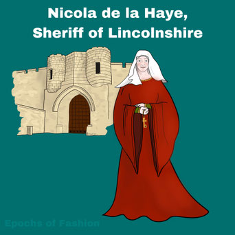 Illustration of medieval lady and castle facade with text "Nicola de la Haye, Sheriff of Lincolnshire"