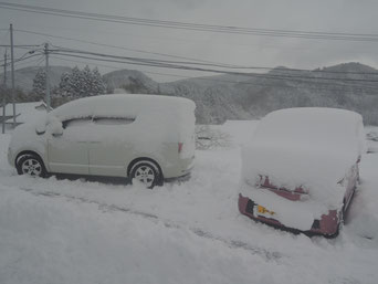 駐車場の、お客さまとうちの車。わざと雪を下ろす前に撮りました。