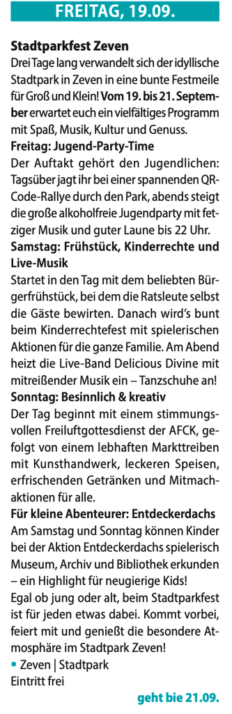 Veranstaltung Zeven Stadtpark Fest 2025 Programm Ueberblick