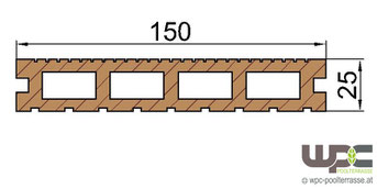 WPC Dielen Bambus BPC Terrassendielen Hohlkammerdiele Schnitt 150mm x 25mm Abmessung