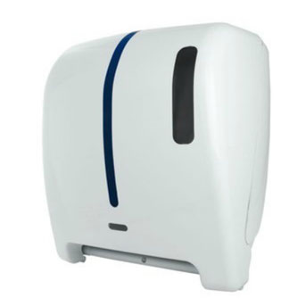 Despachador / Dispensador de toalla en rollo automático AG27000 Color: Blanco con aplique en azul Dimensiones en milímetros: Alto: 366 Largo: 307 Ancho: 233 Capacidad: 1 rollo de 8” / 20.3 cm Contenido por caja: 1 pieza