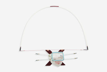 "PREMONITION"  2020 (pandemic necklace)  aluminium, porcelain, copper, silver, formica, titanium, brass, fiberglass, vinyl filter  28x28,5x5 cm. 60 gr.