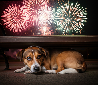 un chien de type beagle marron clair et blanc couché sous une table avec un feu d'artifice en arrière-plan par Coach Canin 16 éducateur canin à domicile en charente