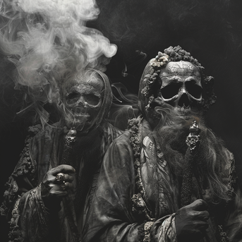 zwei alte männliche Magier tragen Totenkopfmasken und rauchen, sind umgeben von rauch, sie tragen Halsschmuck und ringe, einer hat einen langen Bart, im Stil ätherischer Porträts, epischer Porträts