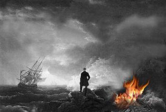 Naufrageur ayant allumé un feu sur la côte et bateau à voiles en perdition