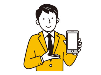 黄色いジャケットを着た行政書士の男性が、笑顔でスマートフォンの画面を提示し、オンライン申請(OSS)の利便性を紹介しているイラスト。