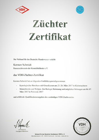 Züchter Zertifikat des VDH für Kersten Schmidt