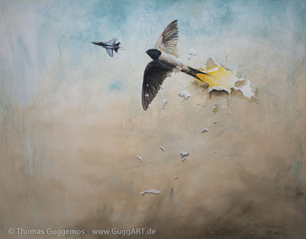 Acrylgemälde, Schwalbe jagt Flugzeug, Düsenjet, jet, die andere Seite, von Thomas Guggemos
