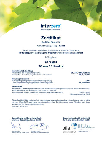 interseroh Zertifikat Prüfergebnis: sehr gut 10 von 20 Punkten / Recyclingfähigkeit der PP-Spritzgussverpackung mit Originalitätsverschluss transparent, Einfärbung, IML-Bedruckung