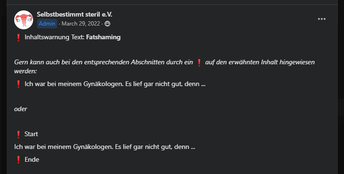 Screenshot eines Facebook-Posts in unserer Gruppe mit Beispiel für den Einsatz einer Inhaltswarnung bei Text