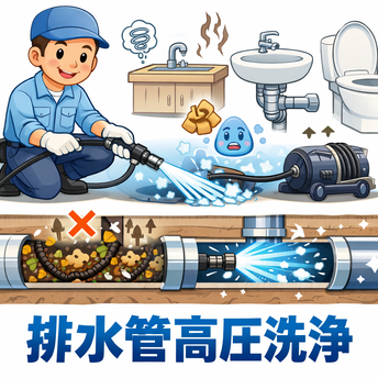 排水管の中を高圧洗浄ノズルで洗っているイラスト