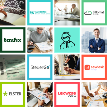 Logos of different tax filing apps and tax and accounting software for which Tax•visor can give support, which are taxfix, SteuerGo, ELSTER,  wundertax, sevDesk, Billomat, lexoffice.