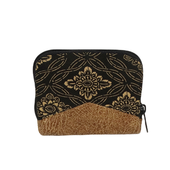 portefeuille minimaliste zippé pour homme, tissu noir avec avec un motif floral, faux cuir ocre, porte-cartes , mini portefeuille