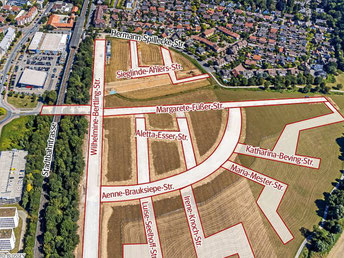 So sollen die Straßen im Duisburger Neubaugebiet Am Alten Angerbach heißen: Alle werden nach Frauen benannt. (WAZ-Foto: Selina Sielaff / funkegrafik nrw)