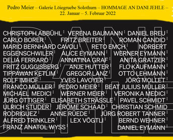 Pedro Meier – Galerie Löiegruebe Solothurn – HOMMAGE AN DANI JEHLE – 22. Januar – 5. Februar 2022 – Bild von Pedro Meier, Titel – Der fliegende Mann – Öl, Lack auf Leinwand. Pedro Meier multimedial arbeitender Künstler und Schriftsteller – SIKART Zürich