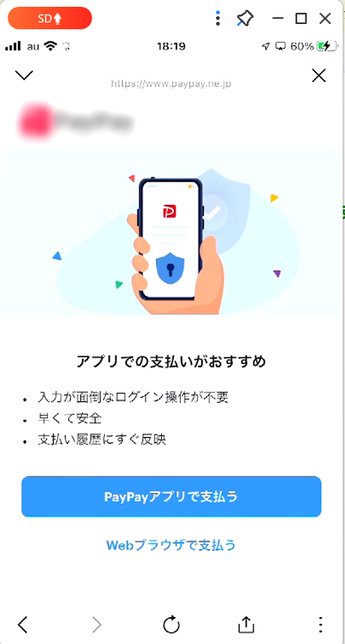 PayPayでの支払い方法確認画面
