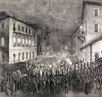 Empfang der ersten Abtheilung polnischer Helden an dem Gemeinde Haus zu Neustadt a/H. Abends den 19ten Januar 1832. Lithografie von C. M. Thum. 1832.