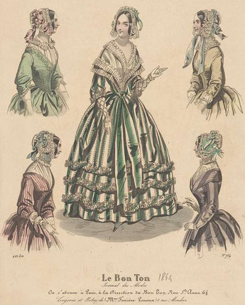 Fashion plate print of Victorian dress and several bonnets, Le Bon Ton 1844
