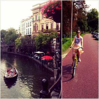 links: Gracht in Utrecht. rechts: Sari traut sich aufs Rad.