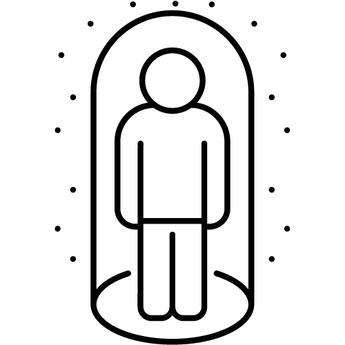 Dessin en noir sur fond blanc, d'un bonhomme sous une cloche de verre , symbolisant les précautions à prendre. Il y a des petits point tout autour de la cloche symbolisants les soucis.