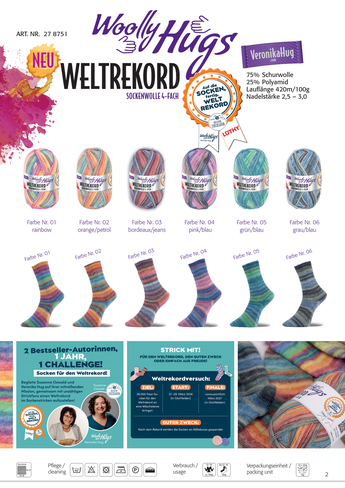 Das Foto zeigt die Farbkarte des Sockengarns Woolly Hugs Weltrekord Sockenwolle. Abgebildet die beiden Initiatorinnen des geplanten Weltrekord-Versuches Veronika Hug und Susanne Oswald sowie die erhältlichen Farben (Wollknäuel und Farbverläufe).