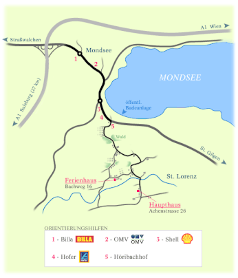 Nach der Autobahnabfahrt Mondsee rechts und in weiterer Folge Richtung St. Gilgen. Die erste Straße nach dem Hofer (4) biegen sie rechts ab. Hier geht es nun einen Hügel hinauf. Oben angekommen halten Sie sich bei der ersten Gabelung links. Danach folgen 